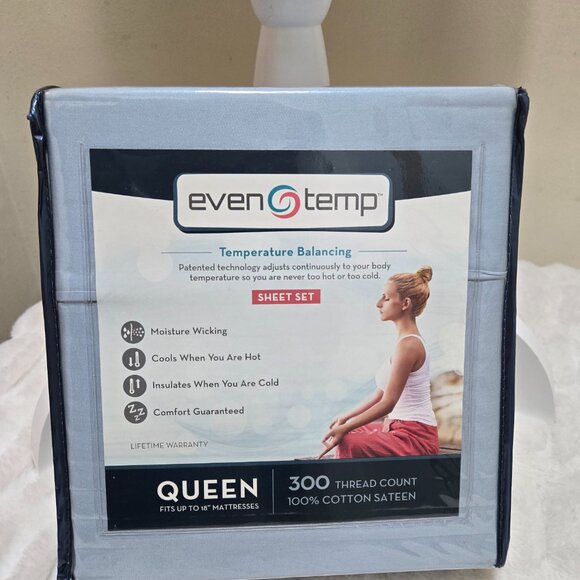 Queen Bed Sheet Set Even Temp 300 Thread Count Sky Blue (NWT) Still in Package - Picture 3 of 7